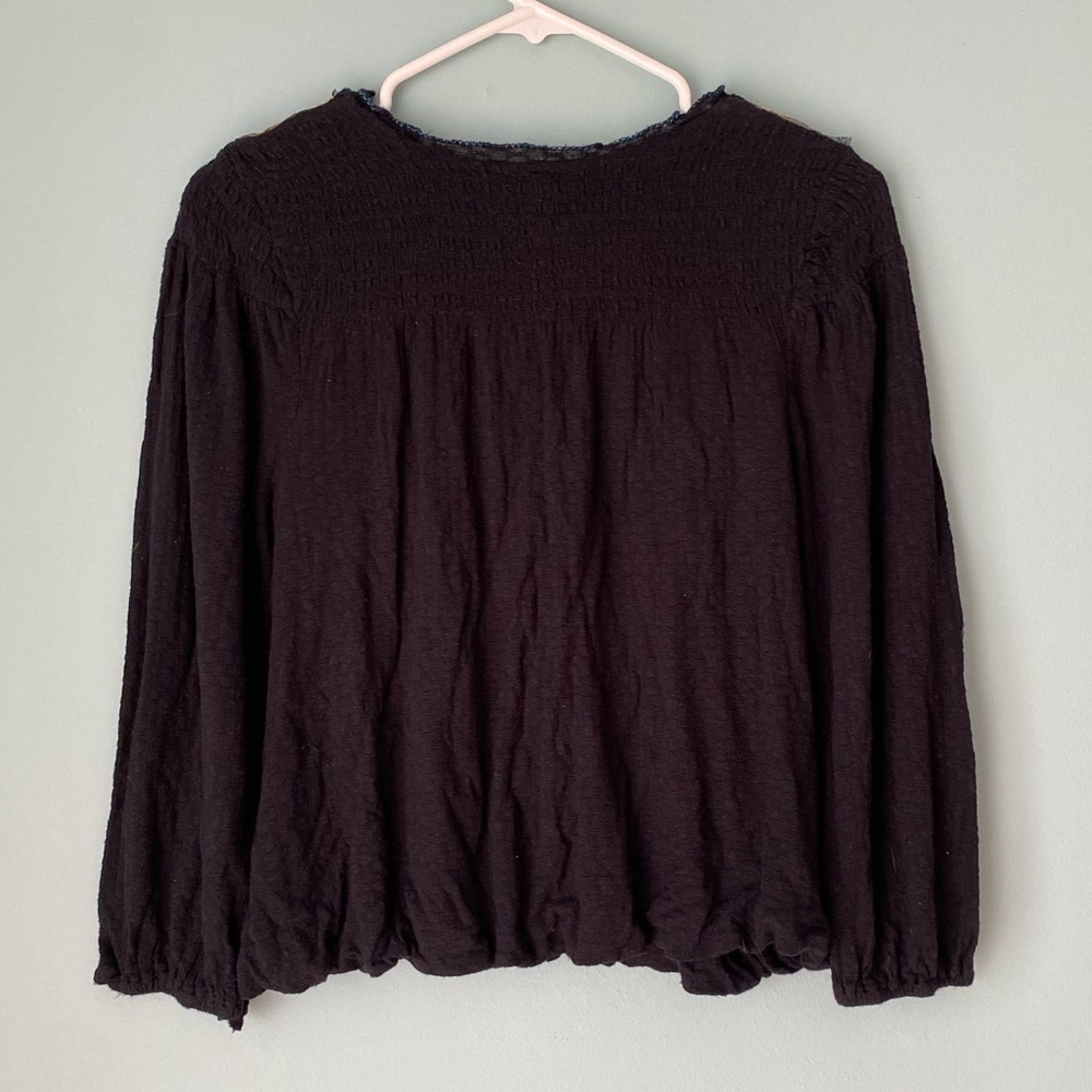 Free People Black Gold Embroidered Peasant Flowy Hippie Boho Baloon Sleeve Shirt - Picture 4 of 12